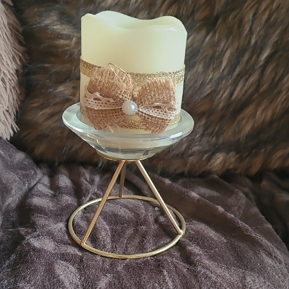 Hobby Lobby Faux Candle with Burlap Bow on Gold Stand.